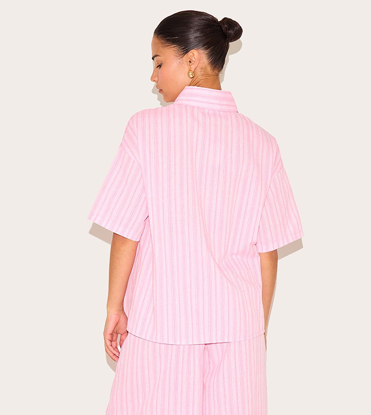 Petite Pinstriped Oversized Short Sleeves Shirt