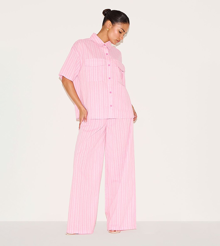 Petite Pinstriped Oversized Short Sleeves Shirt