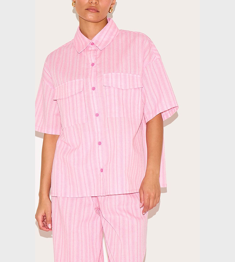 Petite Pinstriped Oversized Short Sleeves Shirt