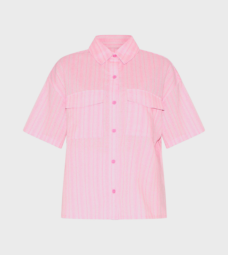 Petite Pinstriped Oversized Short Sleeves Shirt