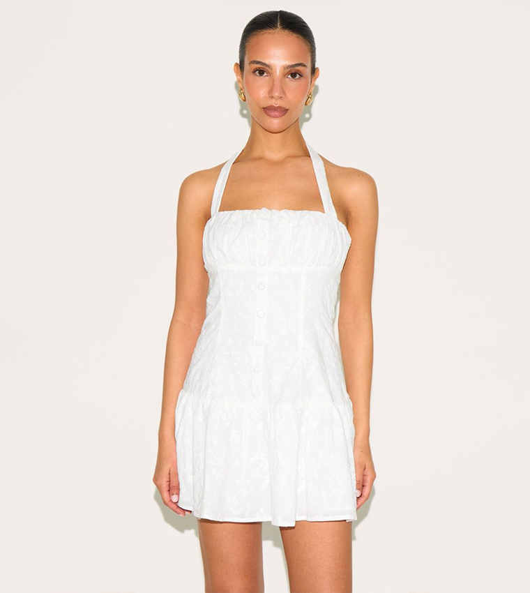 Petite Halterneck Broderie Mini Dress