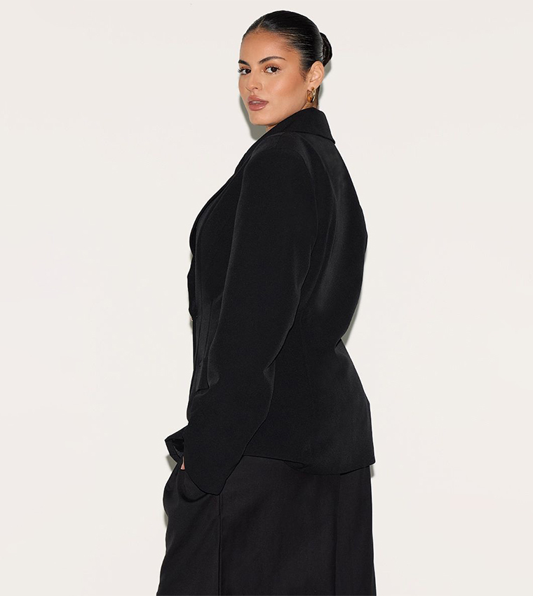 Curve Cinched Waist Lapel Point Detail Blazer