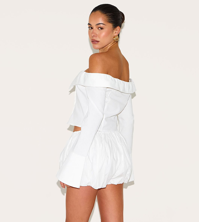 Linen Blend Bardot Button Up Crop Shirt