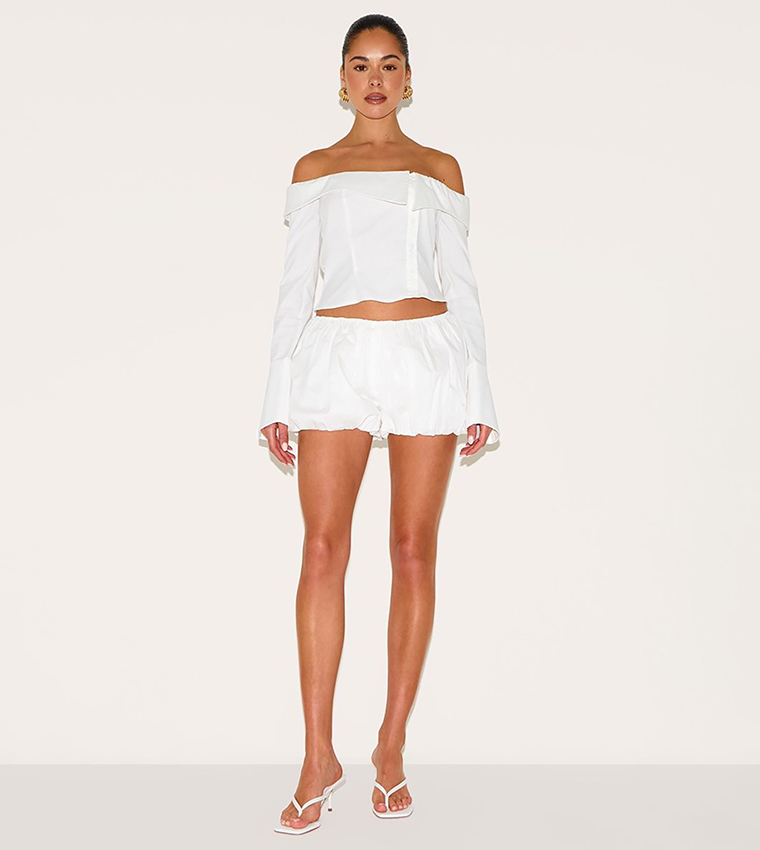 Linen Blend Bardot Button Up Crop Shirt