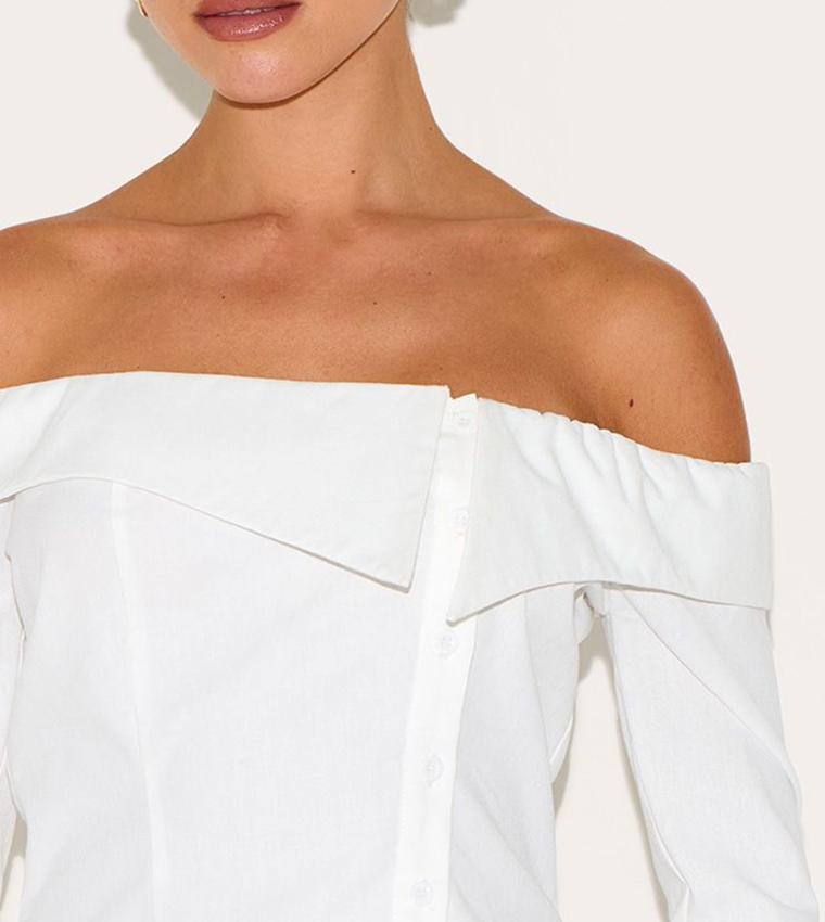 Linen Blend Bardot Button Up Crop Shirt