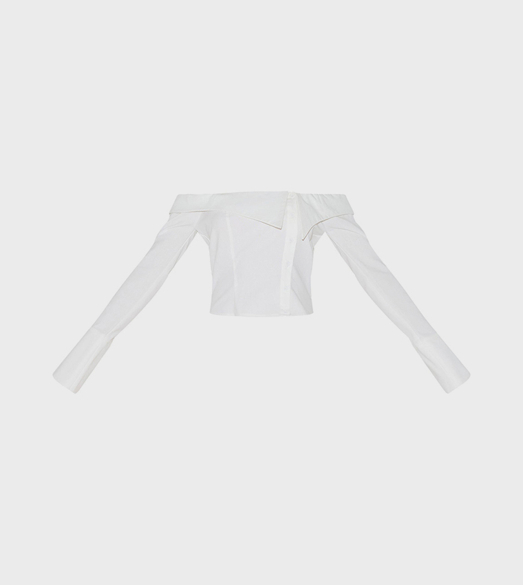 Linen Blend Bardot Button Up Crop Shirt