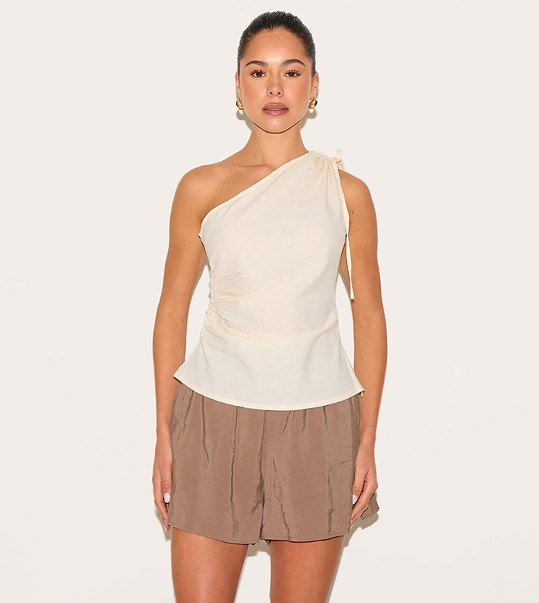 Lightweight Woven Ruched Asymmetric Long Top