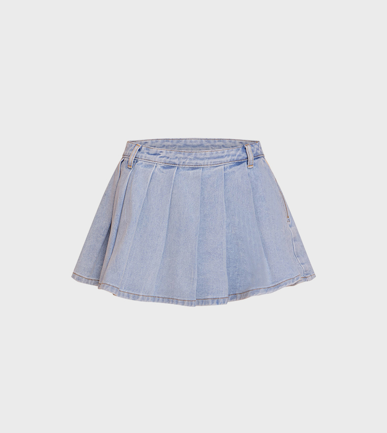 Low Rise Pleated Denim Mini Skirt