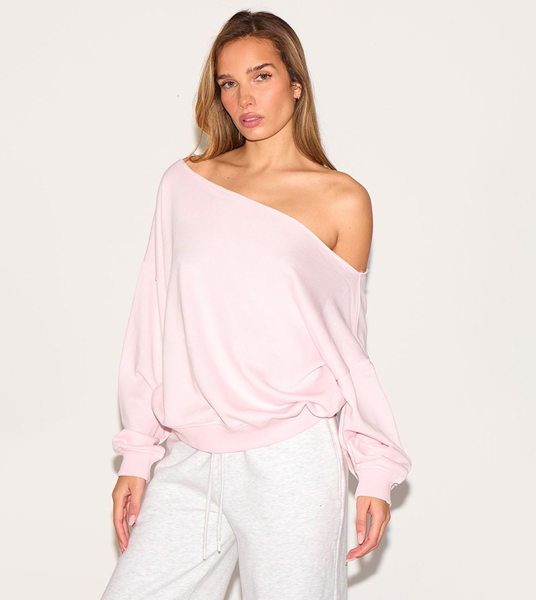 Solid Asymmetric Shoulder Oversized Sweatshirt