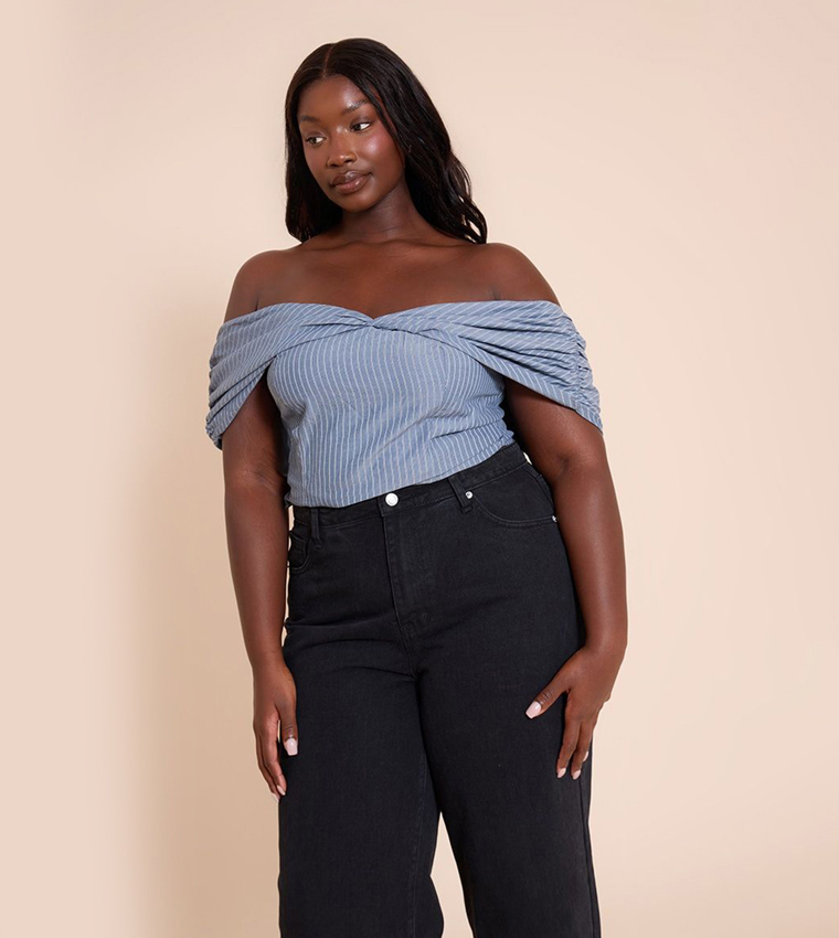 Curve Striped Cotton Twist Detail Bardot Top