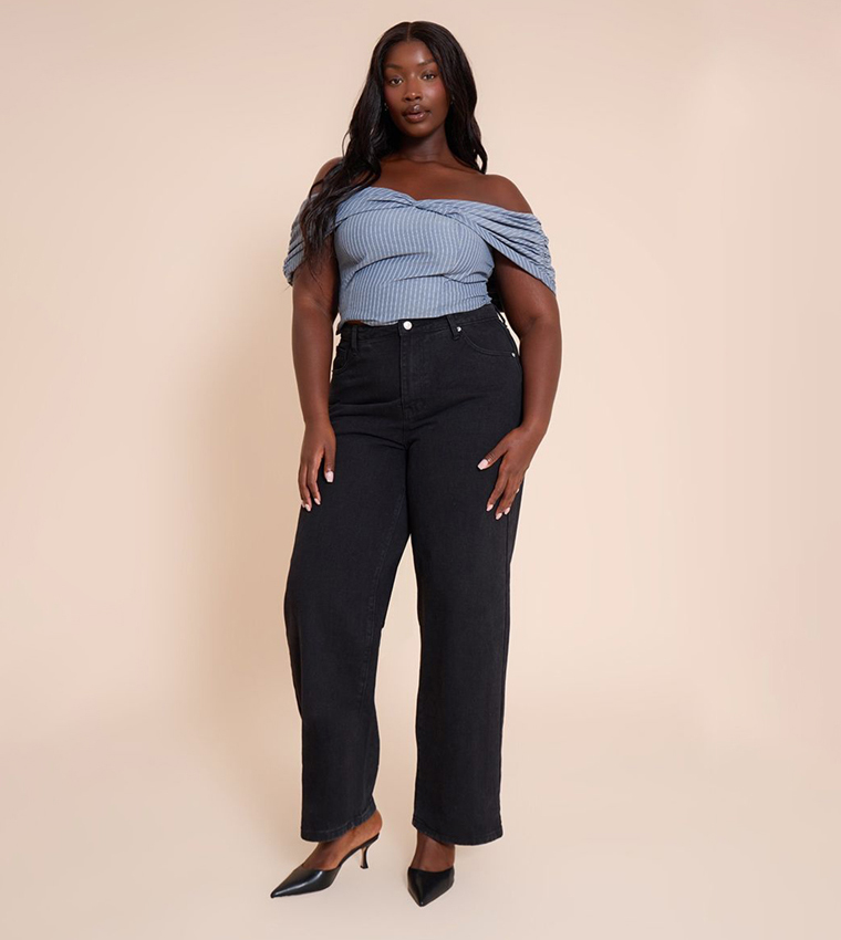 Curve Striped Cotton Twist Detail Bardot Top