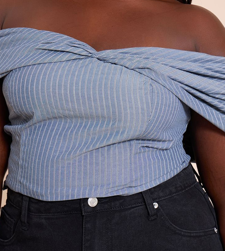 Curve Striped Cotton Twist Detail Bardot Top
