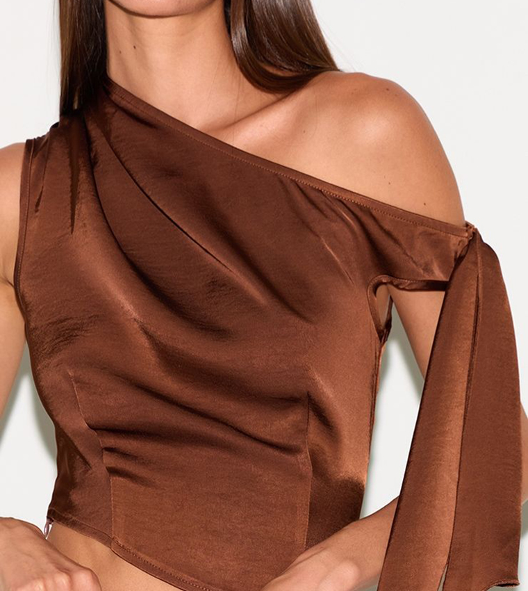 Solid Tie Shoulder Satin Crop Top