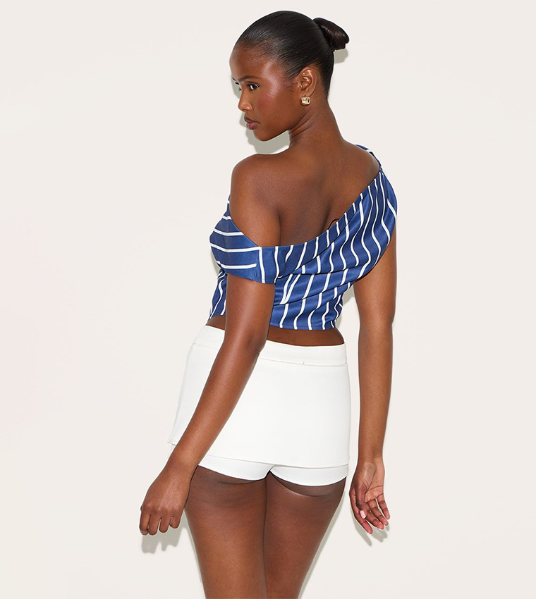 Striped Asymmetrical Shoulder Satin Top