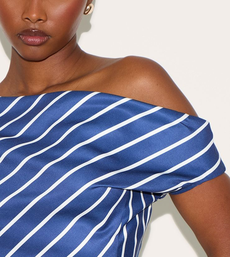 Striped Asymmetrical Shoulder Satin Top