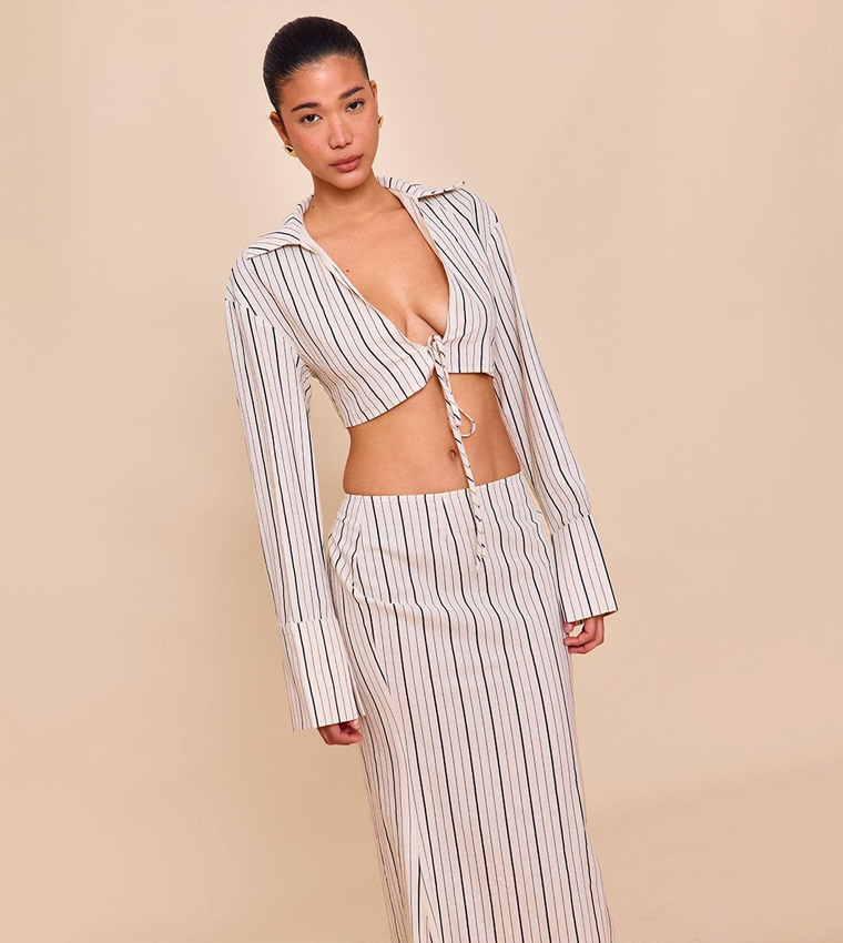 Striped Linen-Blend Tie Front Cropped Shirt