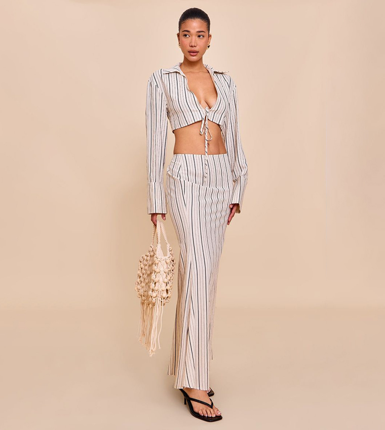 Striped Linen-Blend Tie Front Cropped Shirt