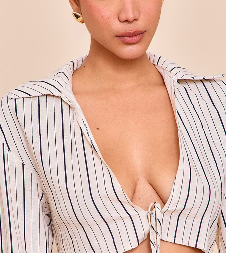 Striped Linen-Blend Tie Front Cropped Shirt