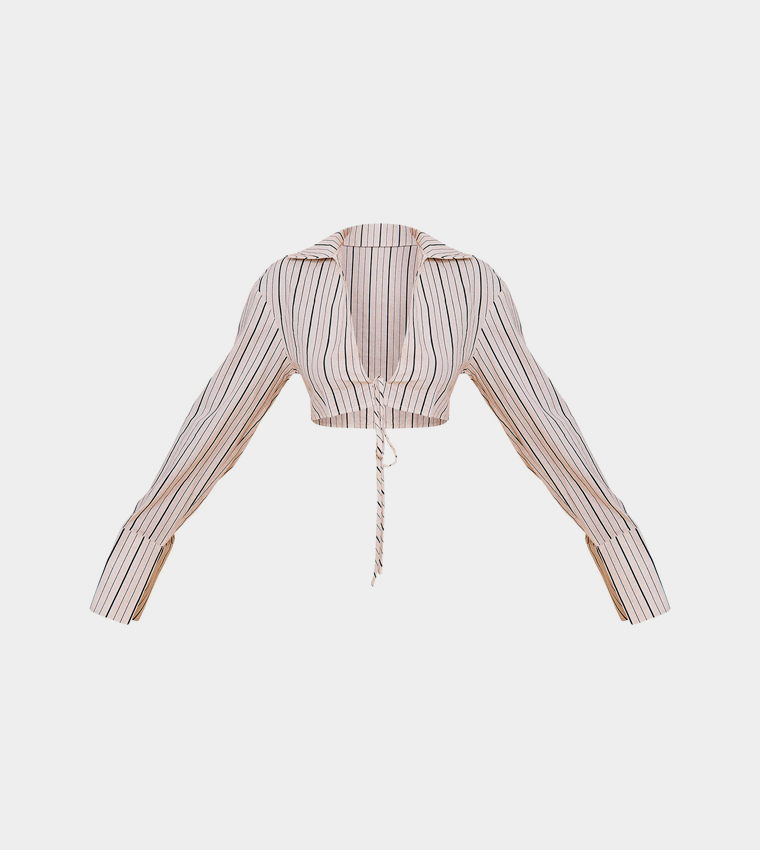 Striped Linen-Blend Tie Front Cropped Shirt