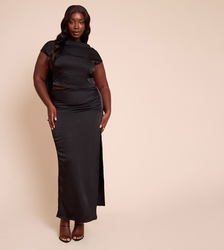 Curve Ruched Satin Split Detail Maxi Skirt