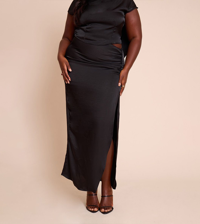 Curve Ruched Satin Split Detail Maxi Skirt