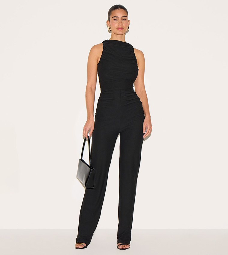 Prettylittlething Ksa Black Zip Front Jumpsuit Black Zip Front