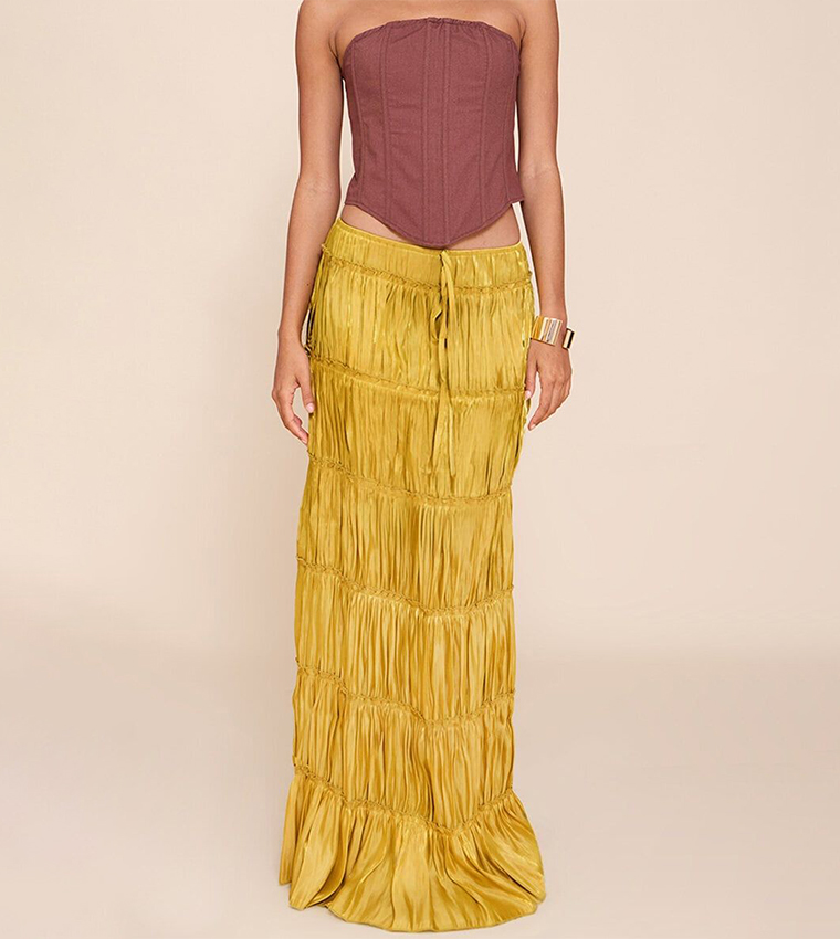 Chartreuse Drawstring Waist Tiered Maxi Skirt
