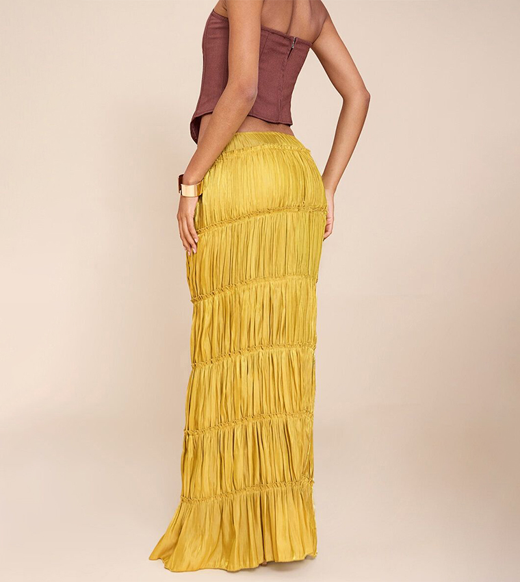 Chartreuse Drawstring Waist Tiered Maxi Skirt