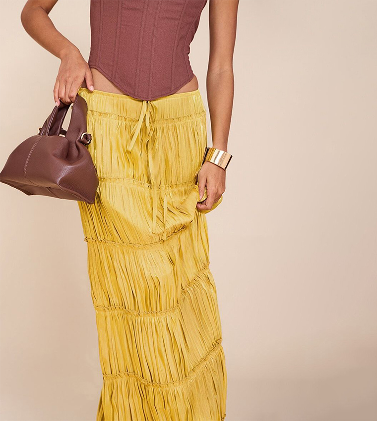 Chartreuse Drawstring Waist Tiered Maxi Skirt