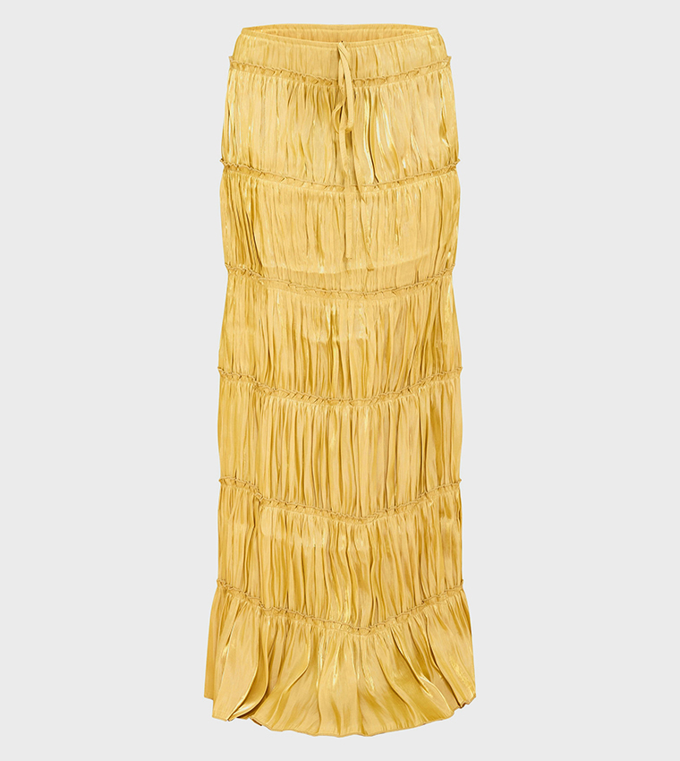 Chartreuse Drawstring Waist Tiered Maxi Skirt