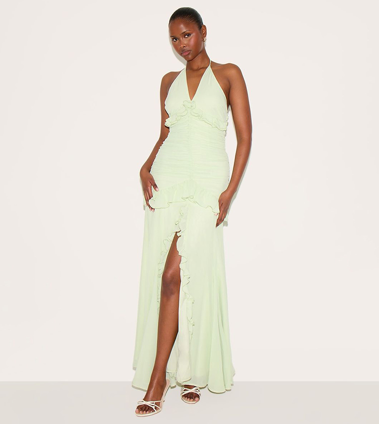 green emerald velvet dress Kelly Green Mesh Spaghetti Straps Ruched Dress Medium main image 1