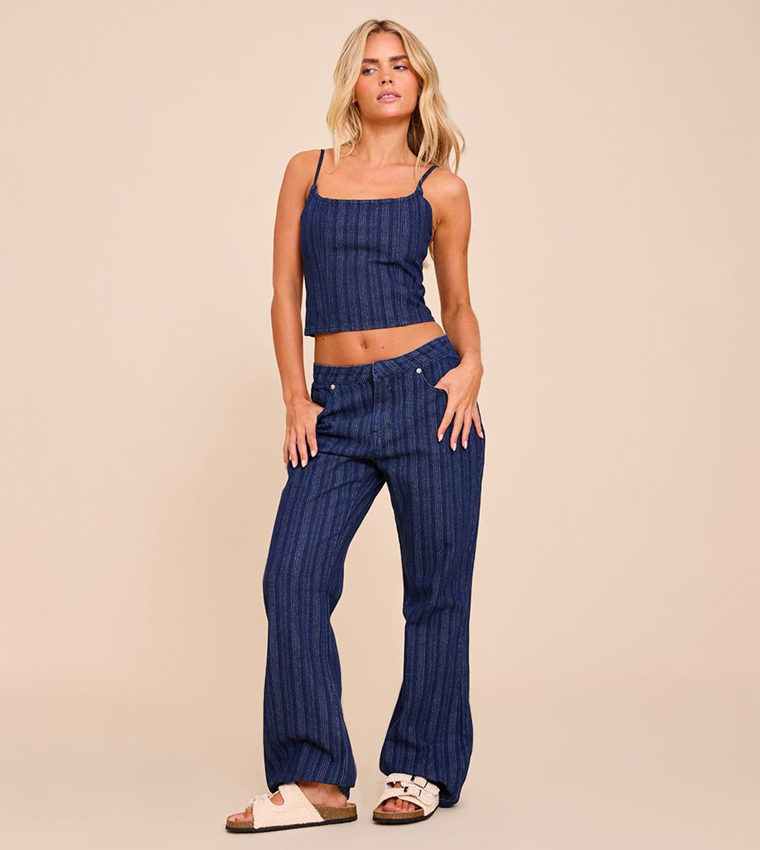 Petite Pinstripe Denim Strappy Fitted Top