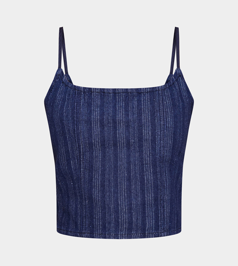 Petite Pinstripe Denim Strappy Fitted Top