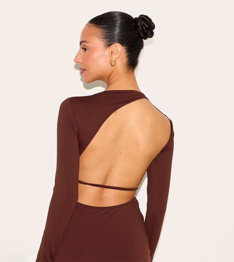 Petite Slinky Asymmetric Open Back Maxi Dress