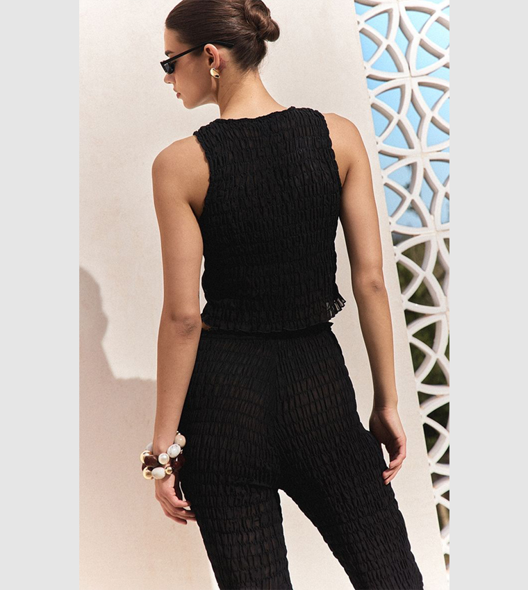 Shirred Chiffon Crew Neck Crop Top