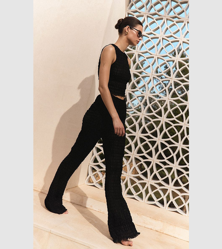 Shirred Chiffon Crew Neck Crop Top