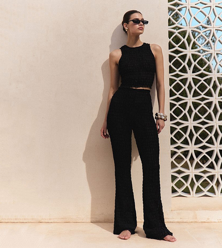 Shirred Chiffon Crew Neck Crop Top