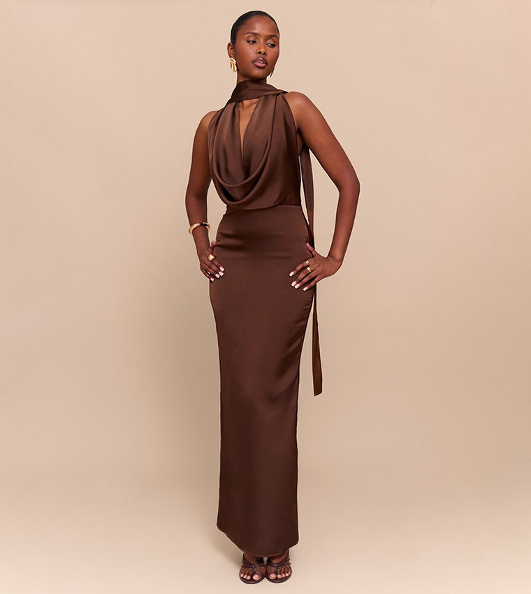 Satin Cowl Neck Drape Maxi Dress