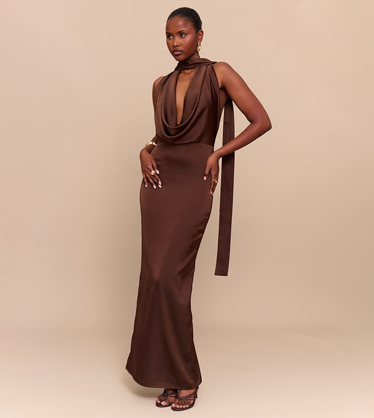 Satin Cowl Neck Drape Maxi Dress