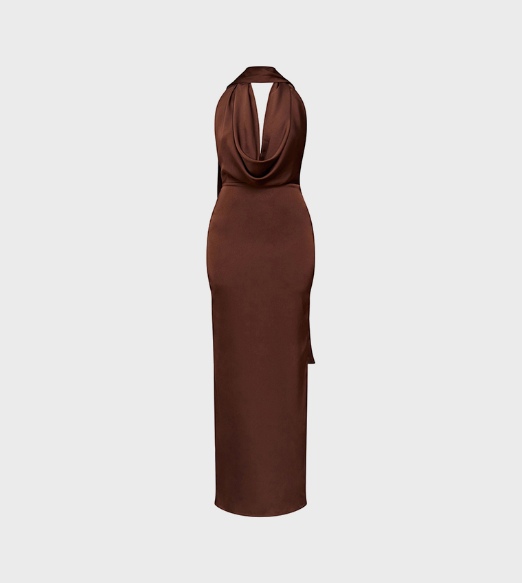 Satin Cowl Neck Drape Maxi Dress