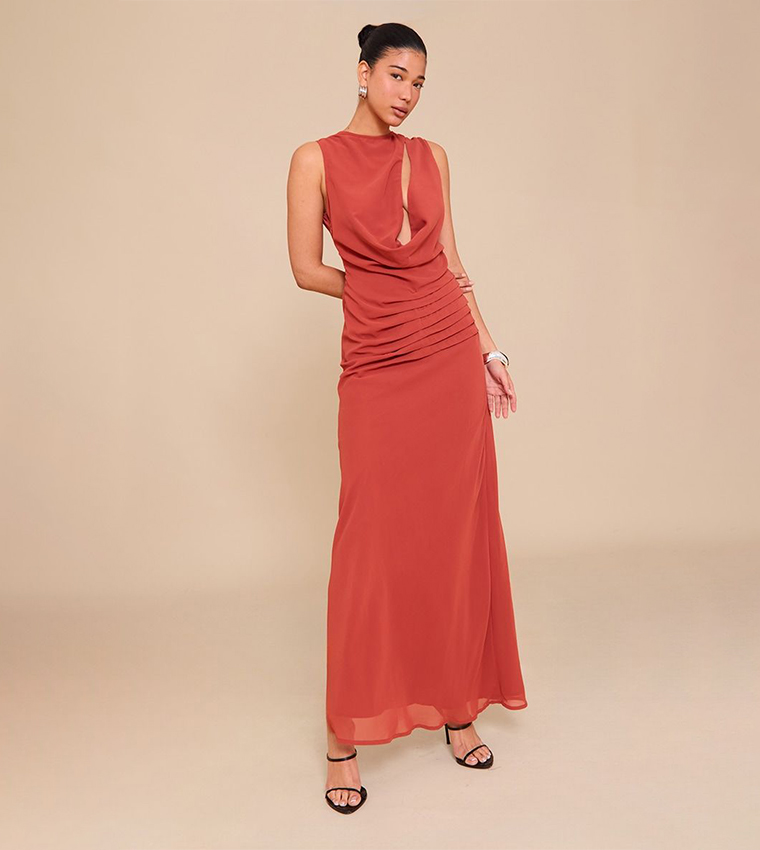 Chiffon Keyhole Ruched Detail Maxi Dress