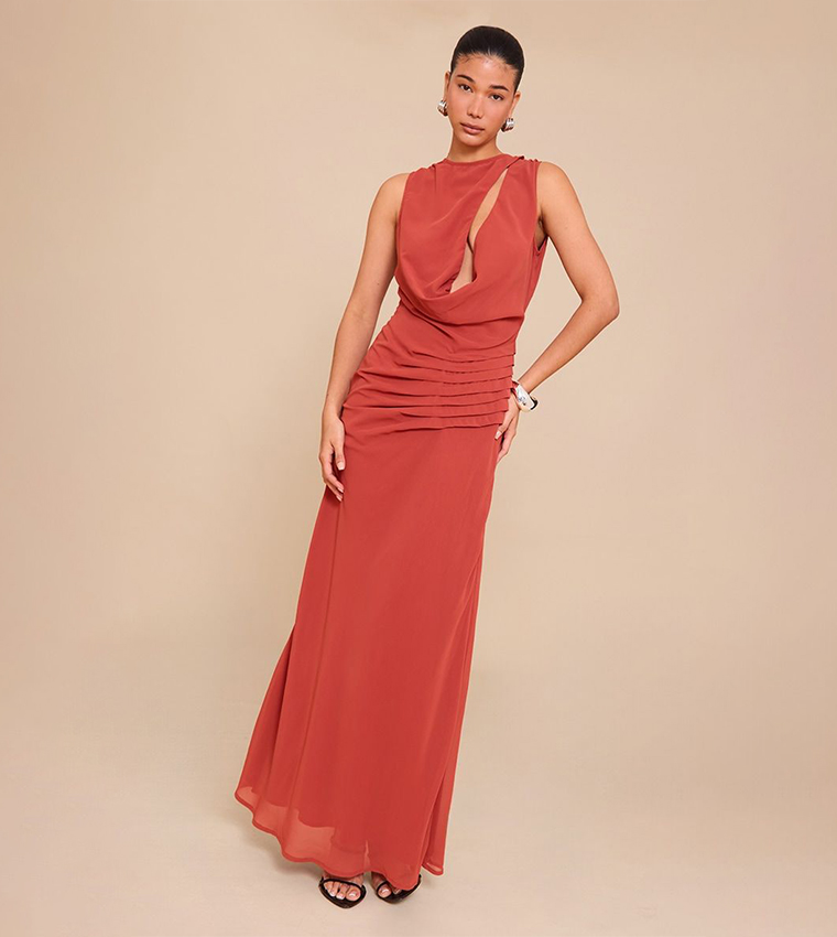 Chiffon Keyhole Ruched Detail Maxi Dress