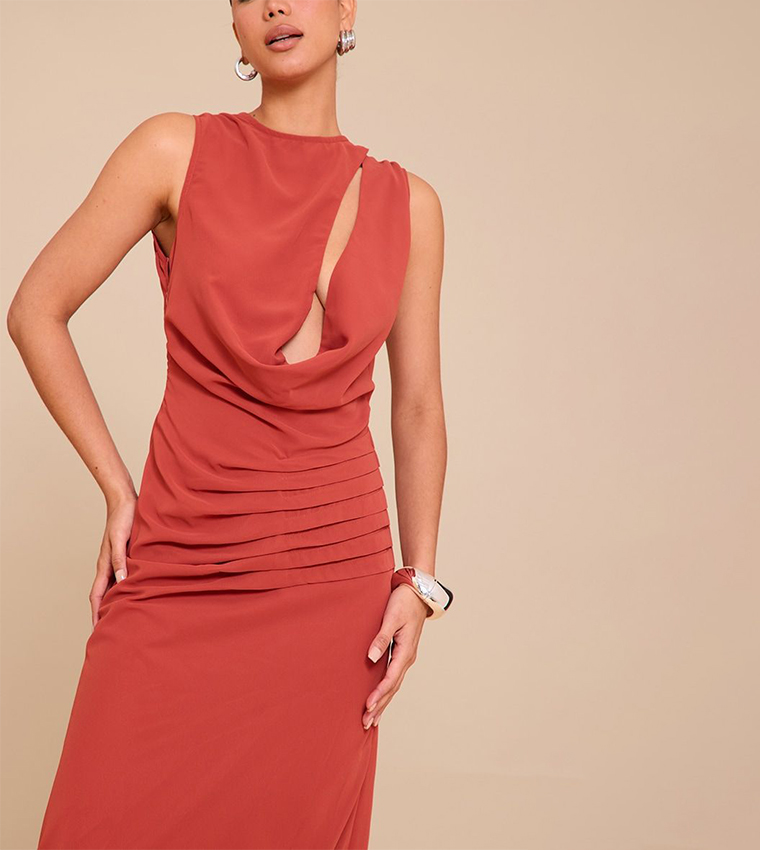 Chiffon Keyhole Ruched Detail Maxi Dress