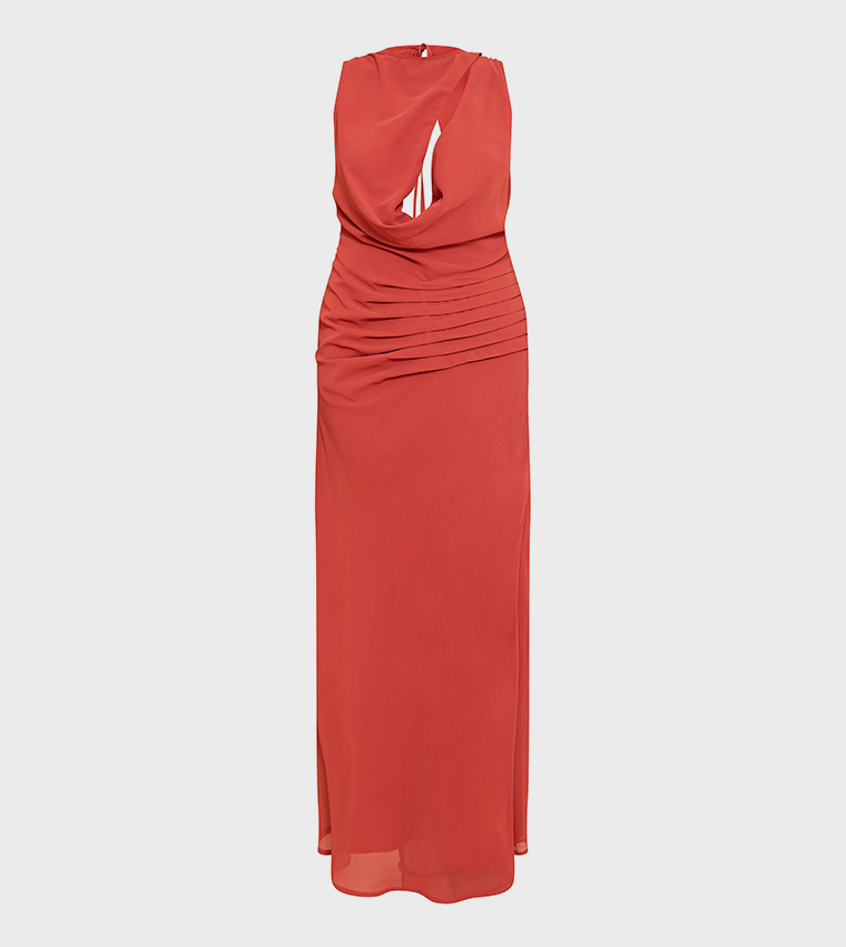 Chiffon Keyhole Ruched Detail Maxi Dress