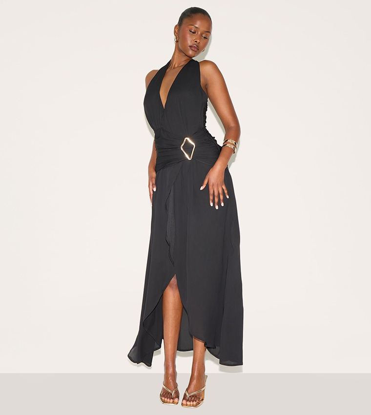 Chiffon Plunge Trim Detail Maxi Dress