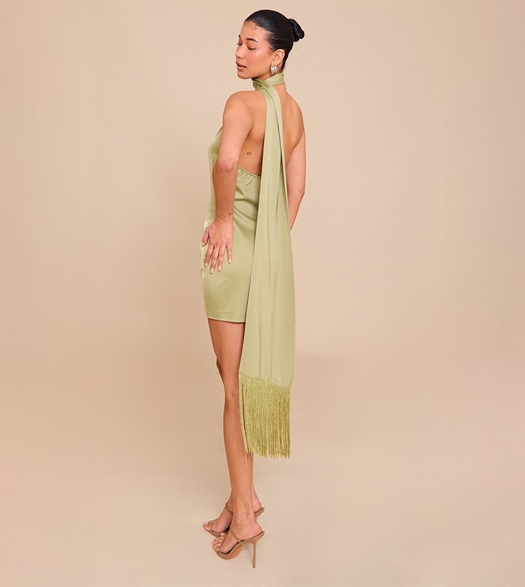 Buy PrettyLittleThing Satin Wrap Fringe Detail Mini Dress In Green |  6thStreet Qatar