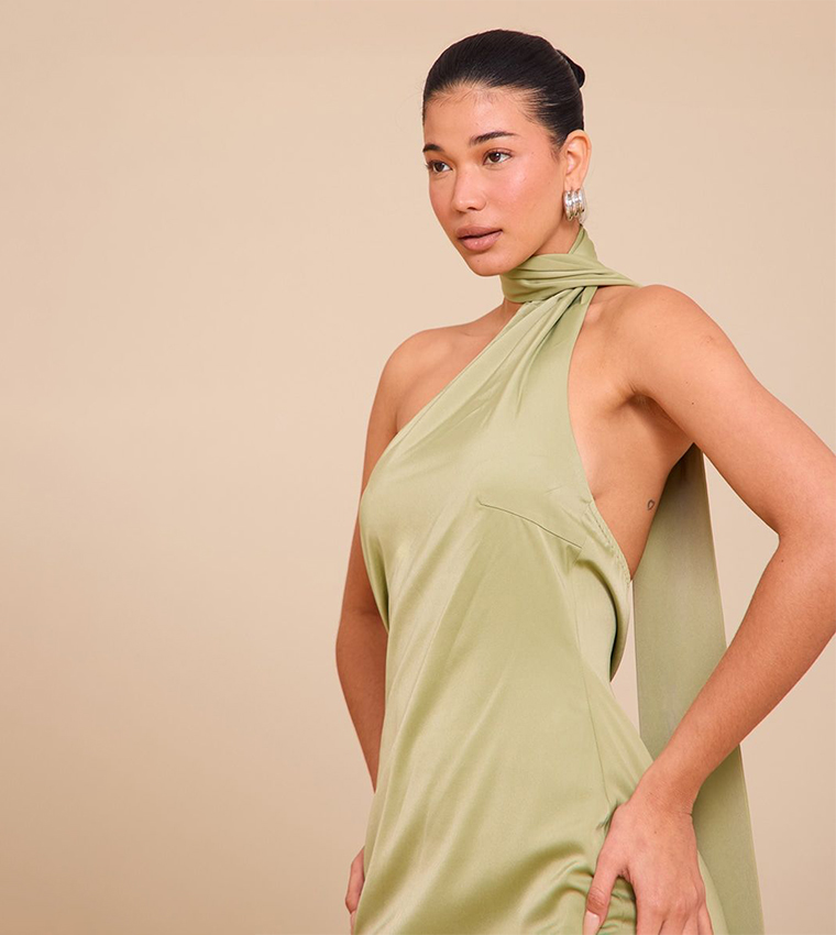 Buy PrettyLittleThing Satin Wrap Fringe Detail Mini Dress In Green |  6thStreet Qatar