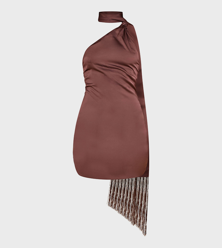Satin Wrap Fringe Detail Mini Dress