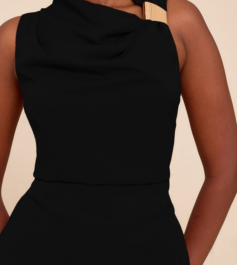 Trim Shift Asymmetric Neck Mini Dress