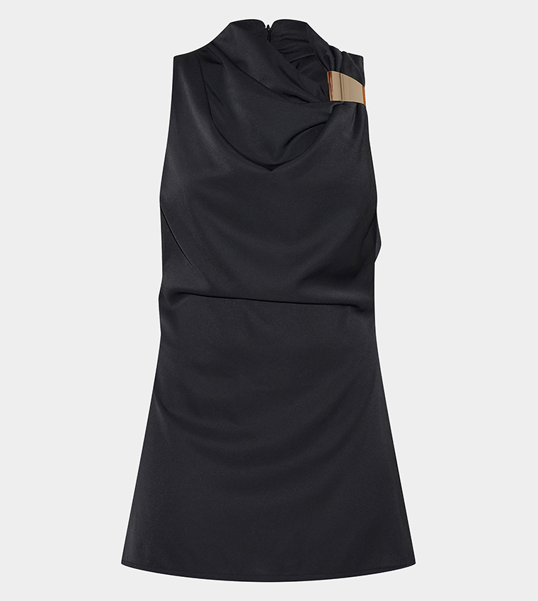 Trim Shift Asymmetric Neck Mini Dress